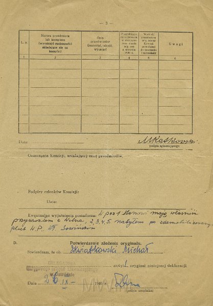 KKE 5497-3.jpg - Dok. Formularz spisowy wydany przez delegaturę Okręgowego Urzędu Likwidacyjnego w Ostródzie dla Michała Katkowskiego. Formularz zawiera wykaz ruchomości przywiezionych do Polski, Ostróda, 26 IX 1946 r.